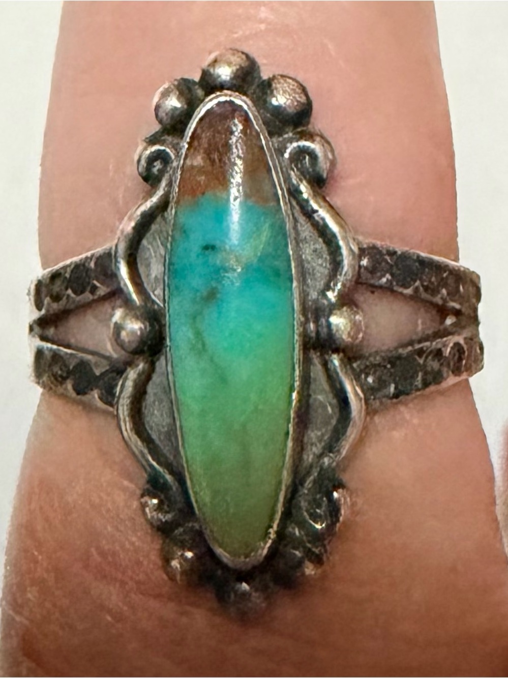 Vintage Sterling Silver Turquoise Marquise Ring - Green Blue Brown     Size 5.5